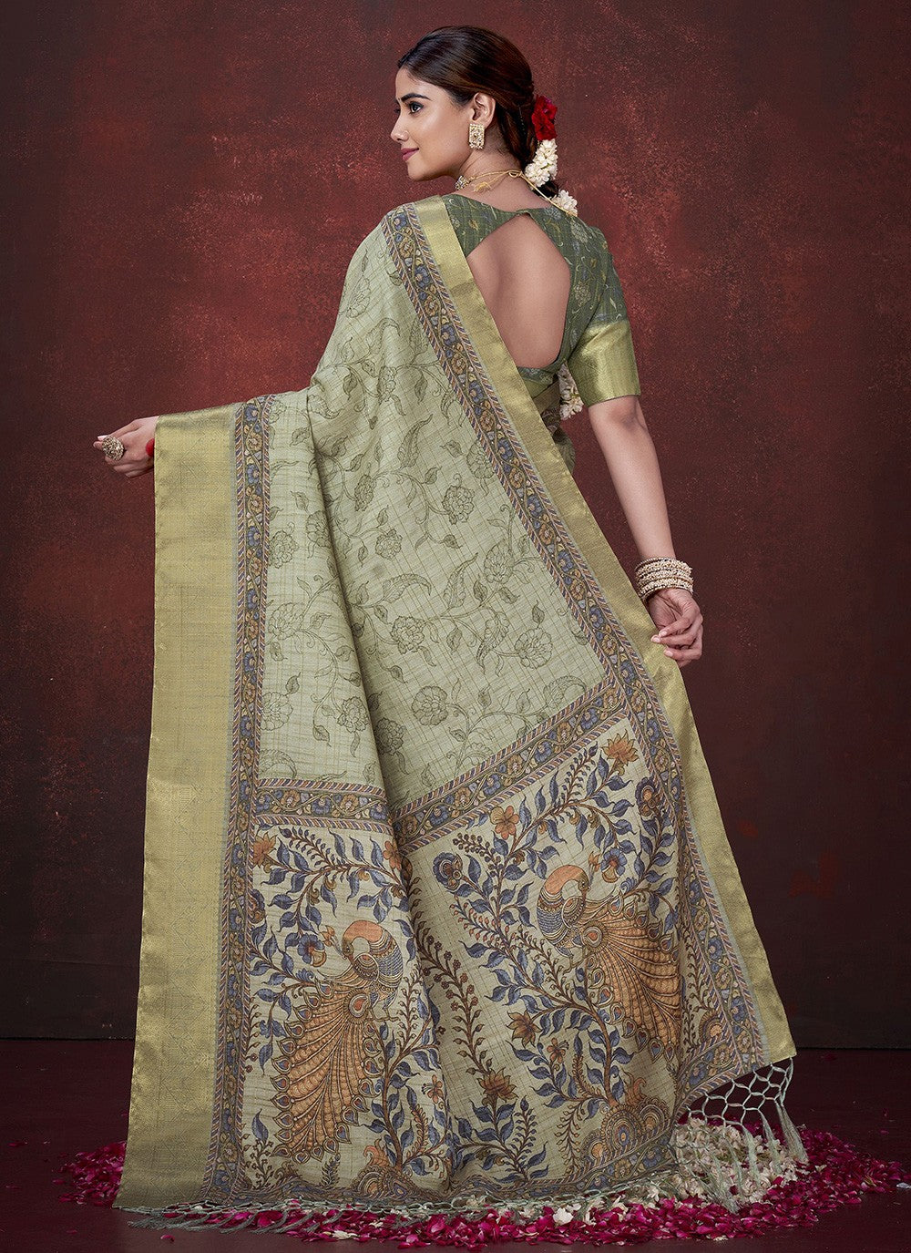 Green Silk Contemporary Saree Foliage Prints S19630