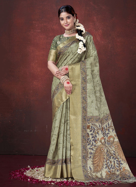Green Silk Contemporary Saree Foliage Prints S19630