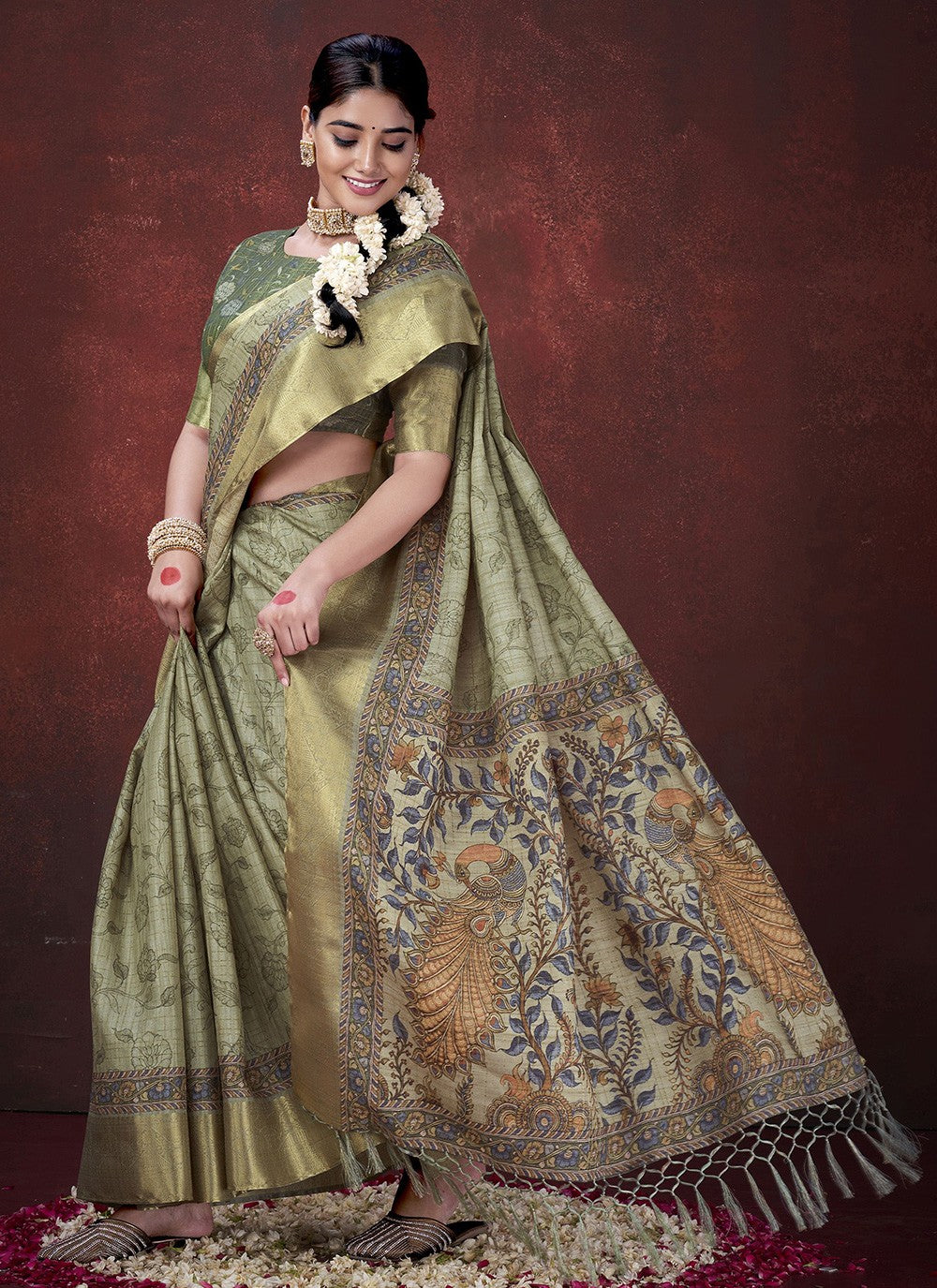 Green Silk Contemporary Saree Foliage Prints S19630