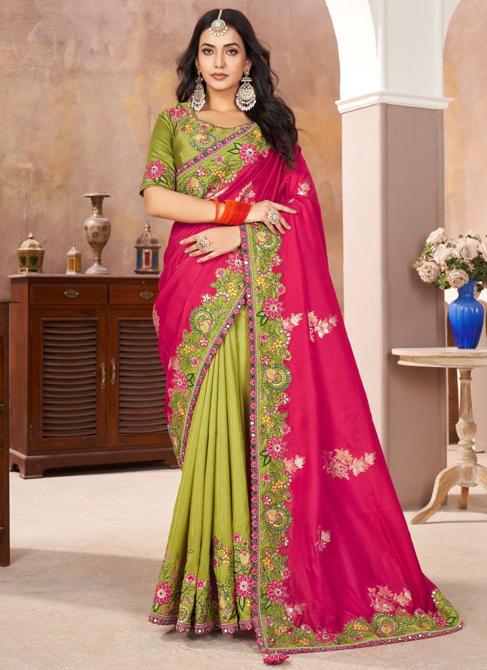 Designer Border Work Green Silk Saree S13397