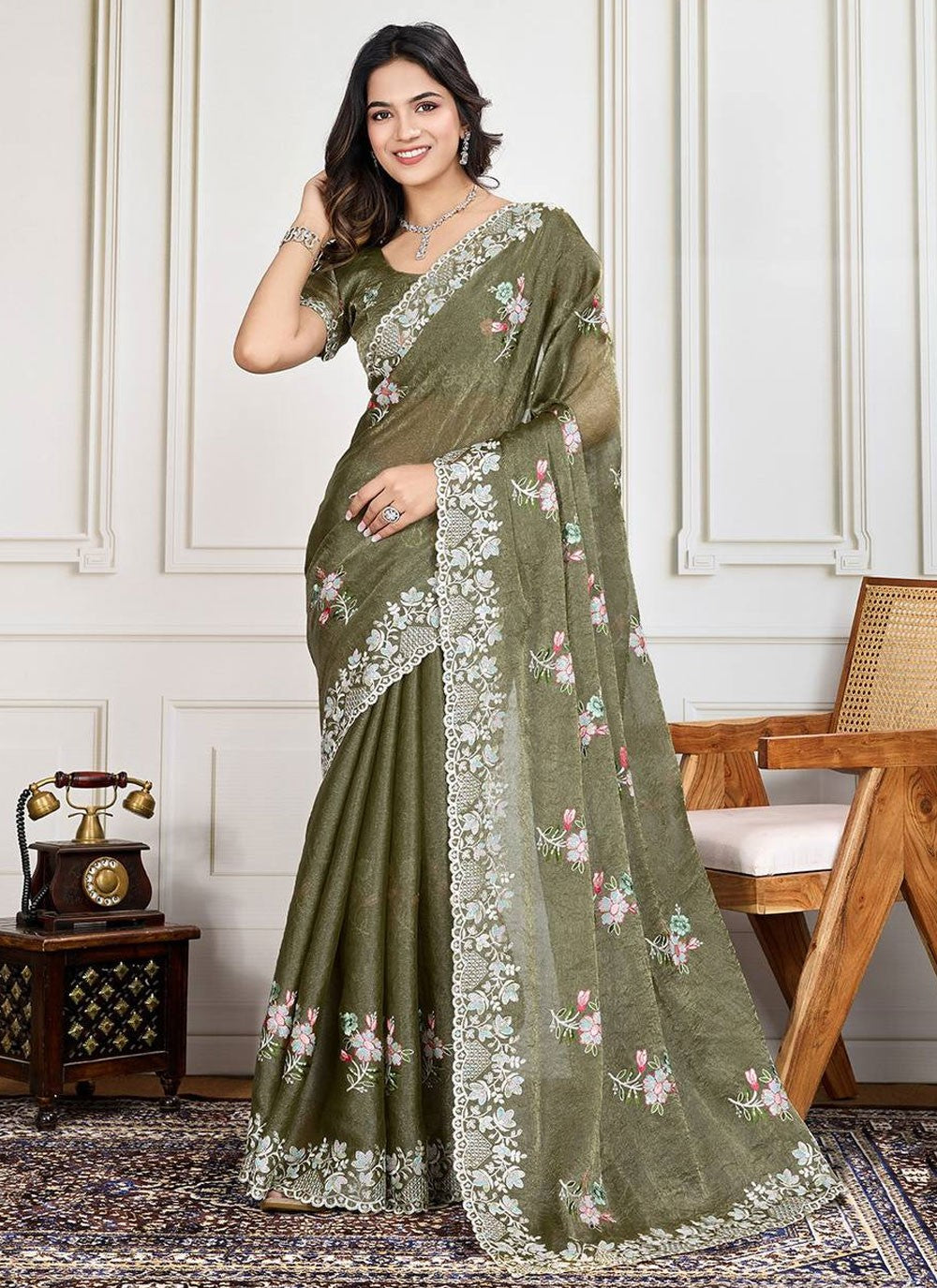Cut Work Silk Green Saree S14225
