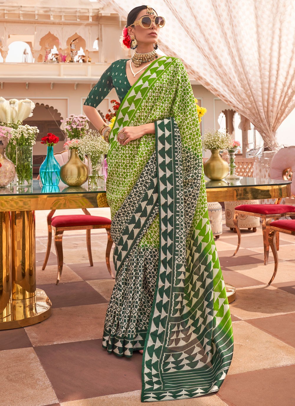 Classic Saree Geometric Print Green Silk Saree S12552