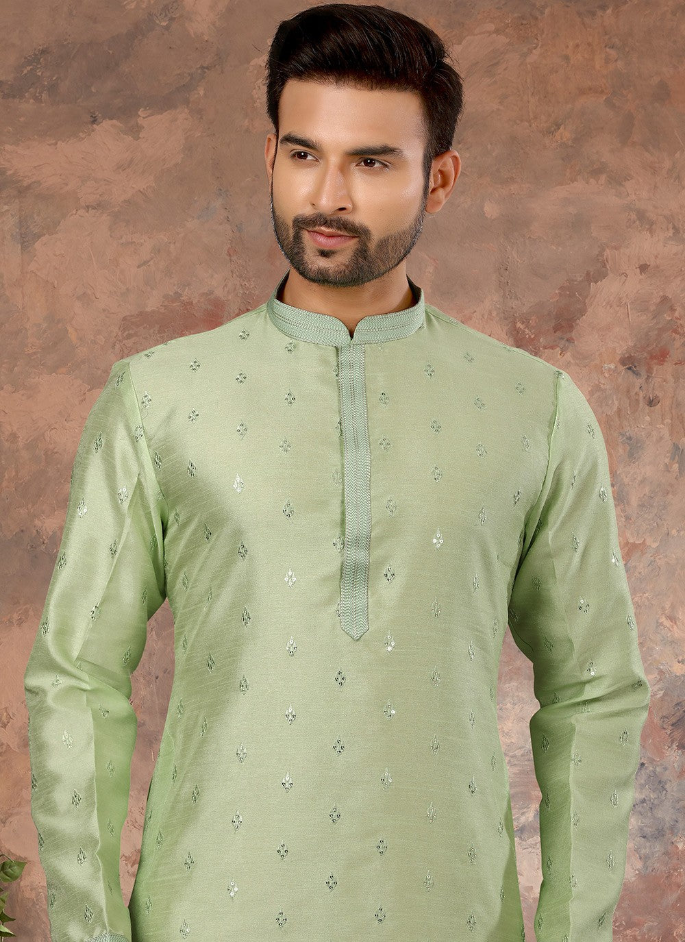 Fancy Work Silk Green Kurta - M5636