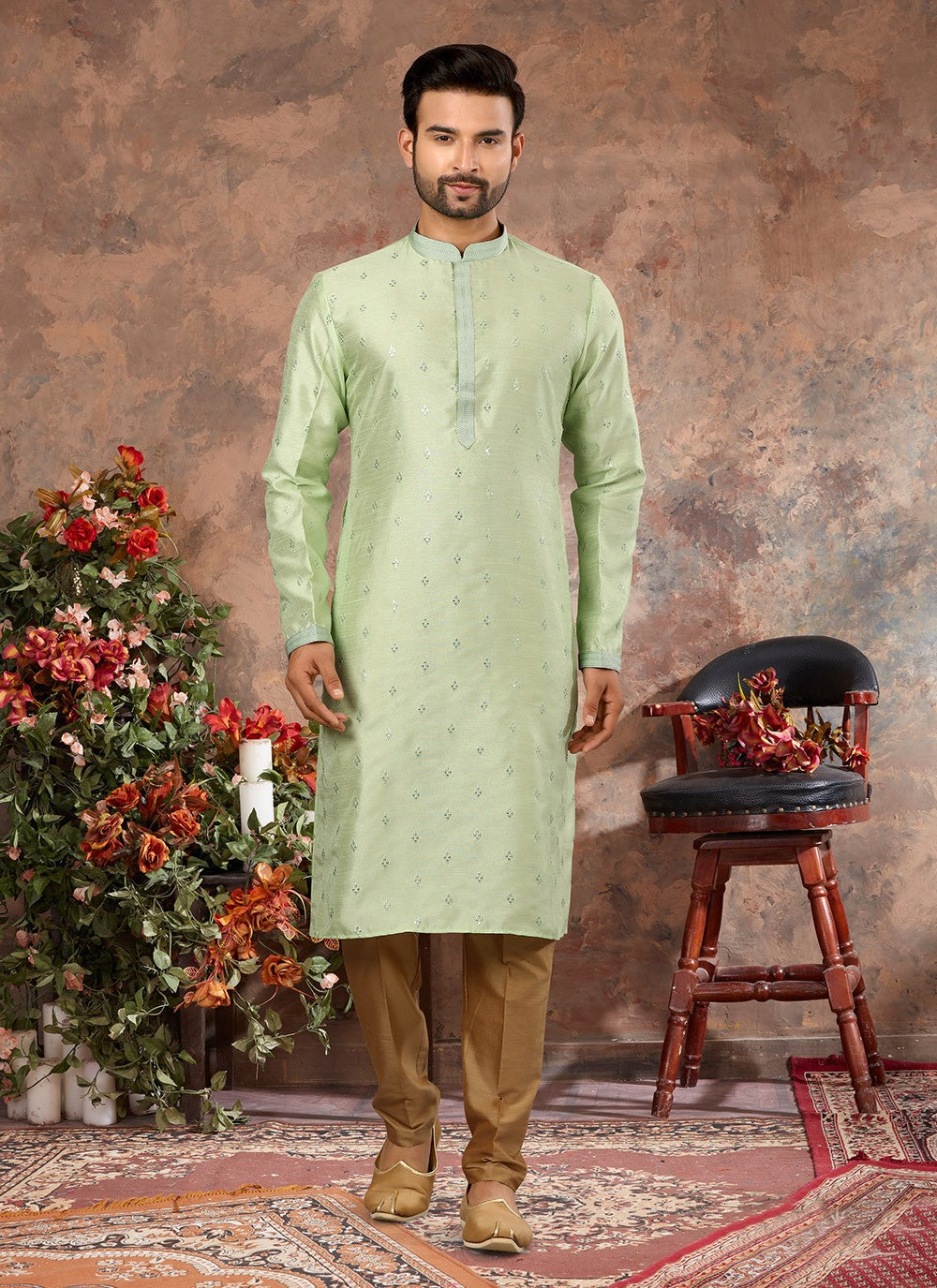 Fancy Work Silk Green Kurta - M5636