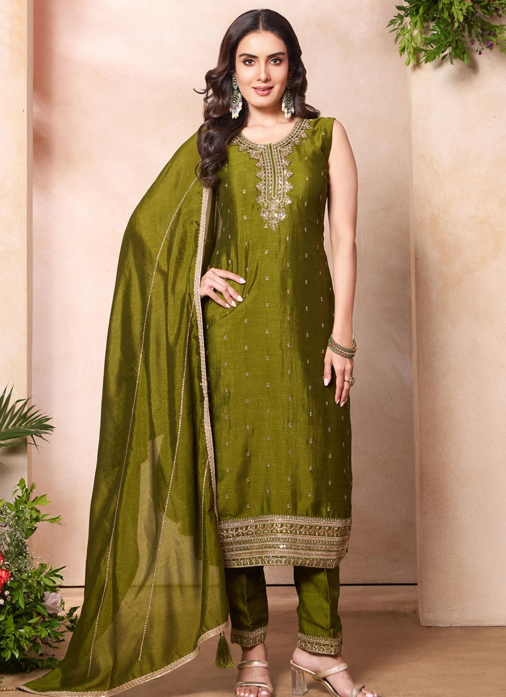 Pant Style Suit Embroidered, Sequins, Zari Green T8094