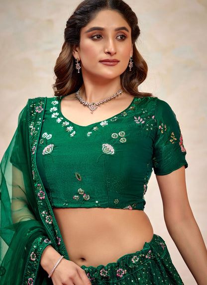 Embroidered Silk Green Lehenga - L3269
