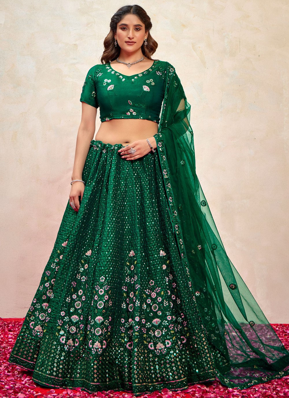 Embroidered Silk Green Lehenga - L3269