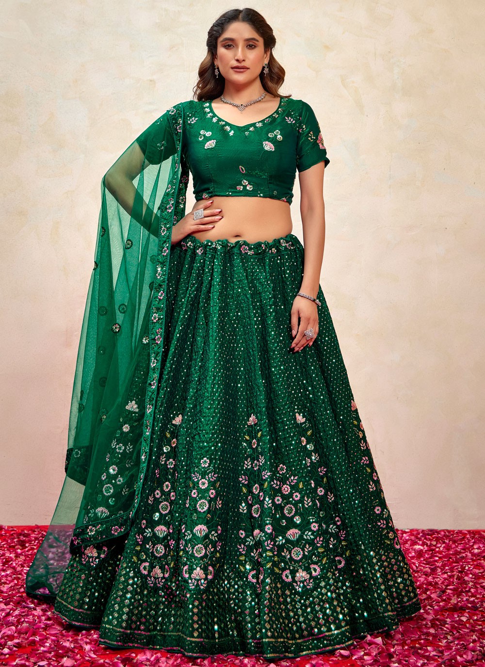 Embroidered Silk Green Lehenga - L3269