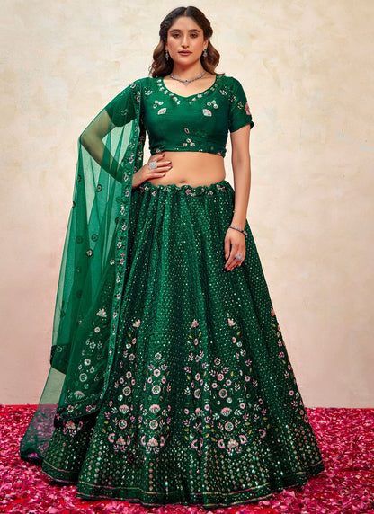 Embroidered Silk Green Lehenga - L3269
