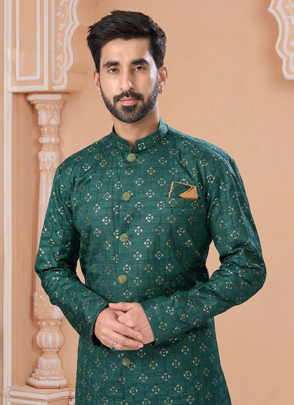 Sequins Silk Green Indo Western Sherwani - M6880