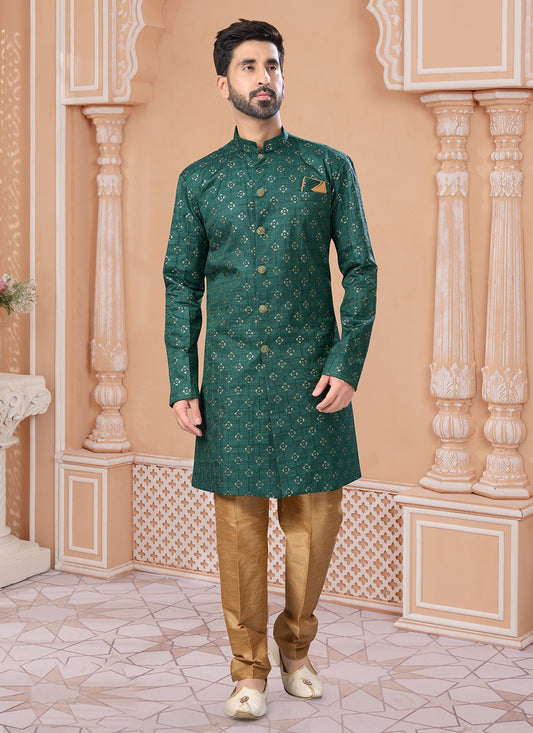 Sequins Silk Green Indo Western Sherwani - M6880