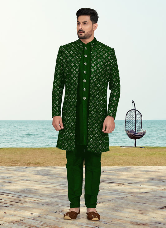 Machine Embroidery Silk Green Sherwani - M6779