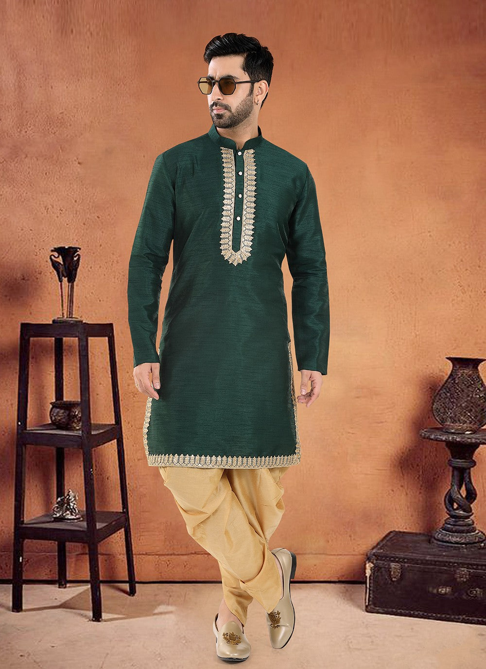 Designer Silk Green Sherwani - M8118