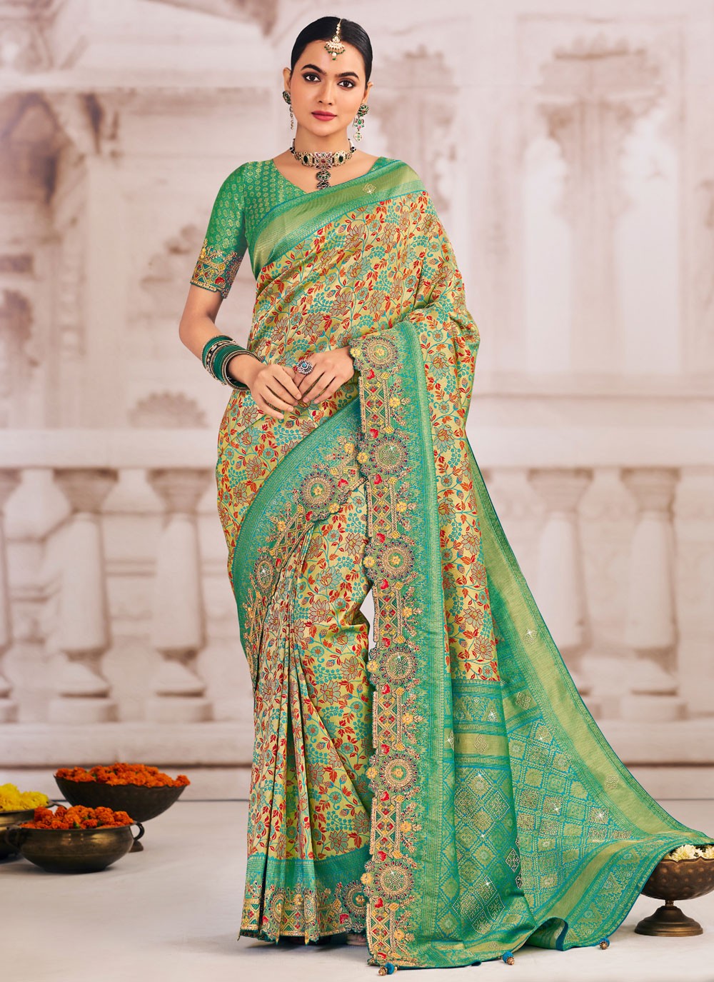 Green Silk Traditional Saree Embroidered, Patch Border S19989