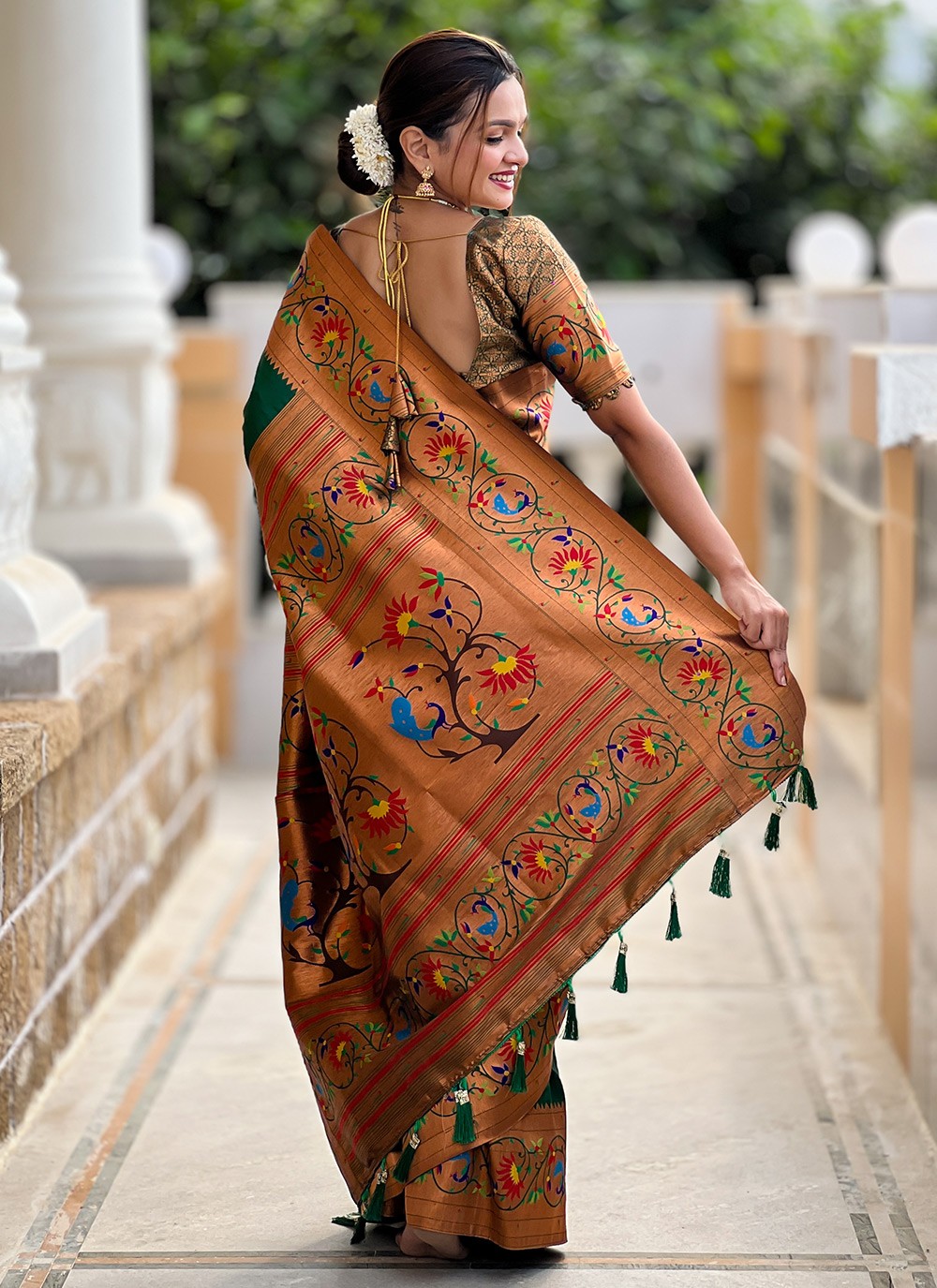 Green Silk Trendy Saree Jacquard Work, Meenakari S19940