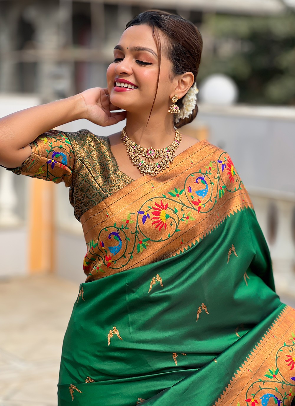 Green Silk Trendy Saree Jacquard Work, Meenakari S19940