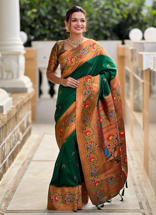 Green Silk Trendy Saree Jacquard Work, Meenakari S19940