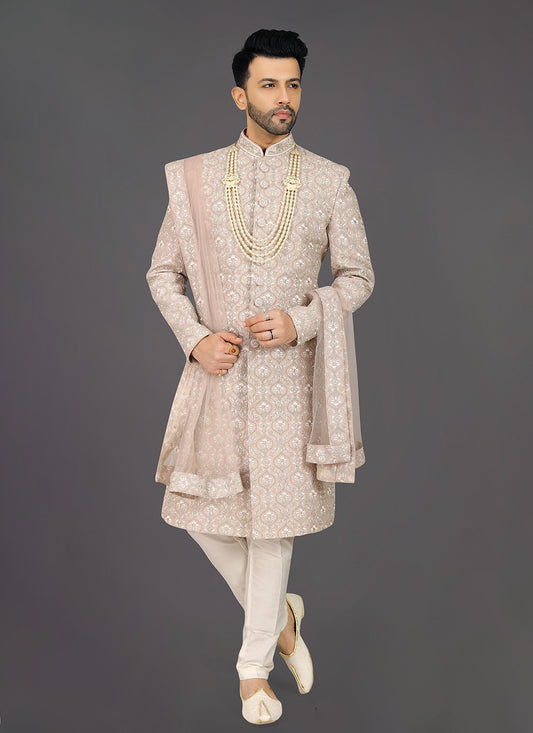 Embroidered Silk Grey, Peach Sherwani - M7991