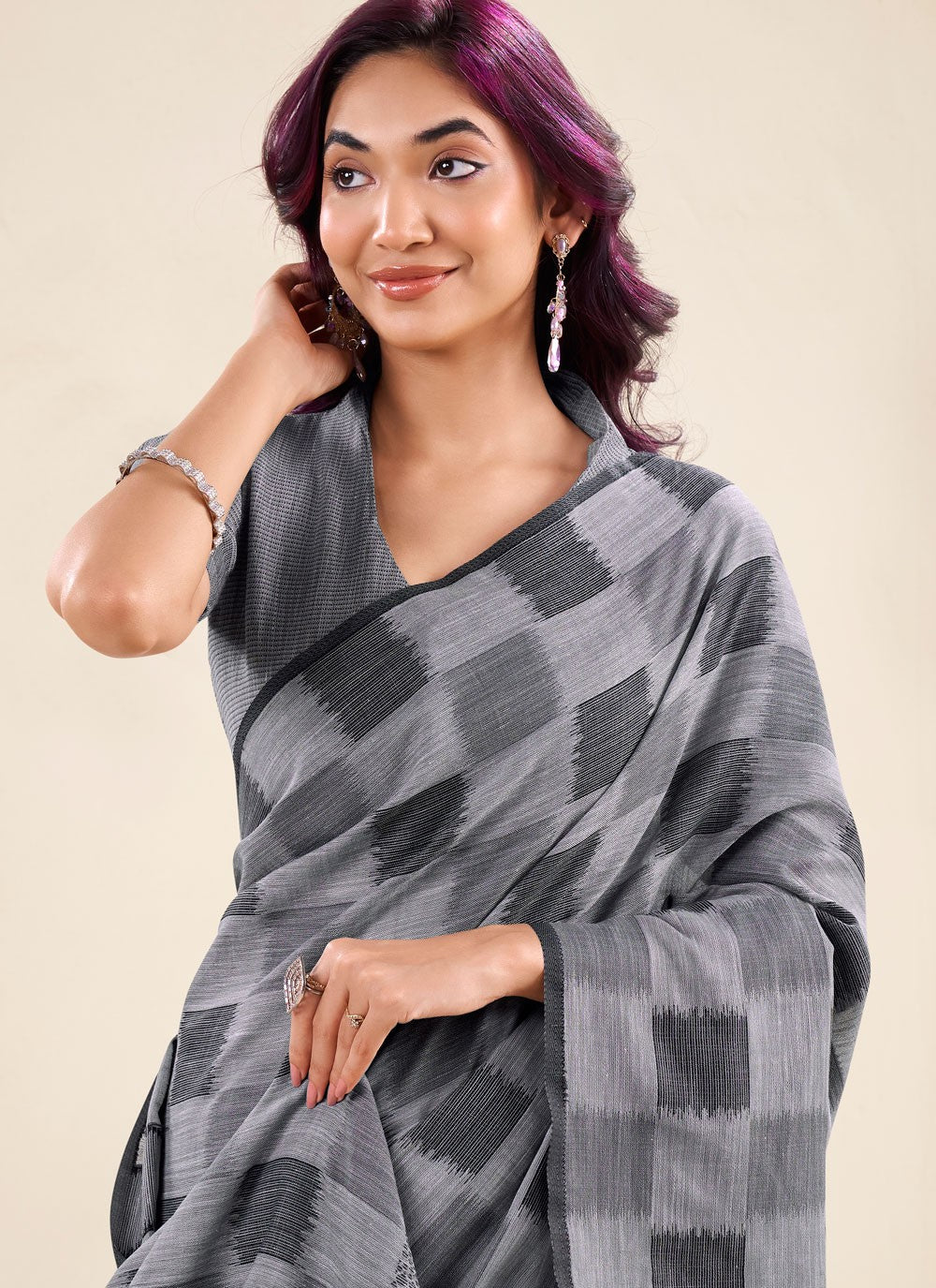 Grey Linen Classic Saree Checks, Printed S18840