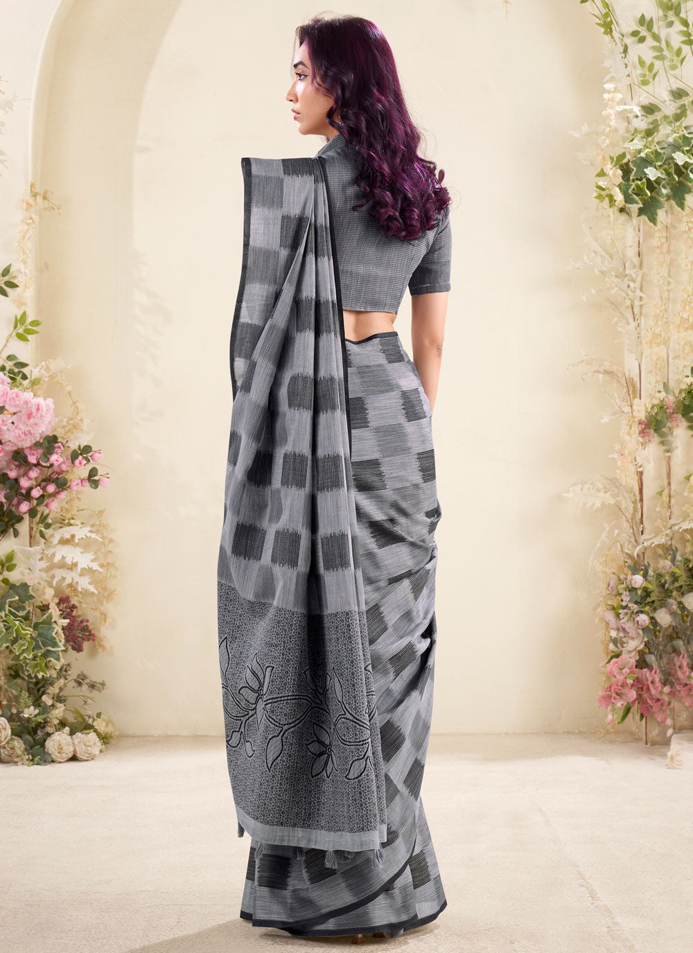 Grey Linen Classic Saree Checks, Printed S18840