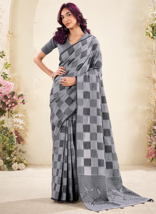 Grey Linen Classic Saree Checks, Printed S18840