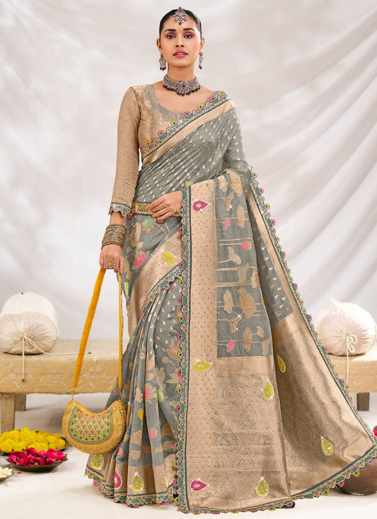 Grey Silk Classic Saree Fancy Work S19613