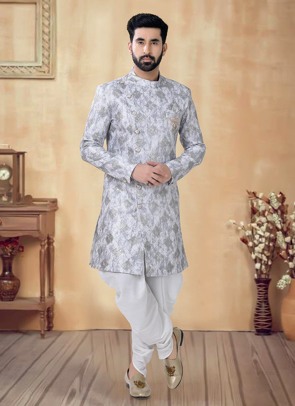 Sequins Silk Grey Sherwani - M8514