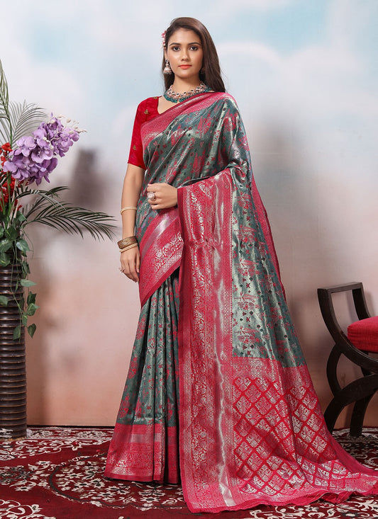 Weaving Zari Silk Grey Contemporary Saree S15387
