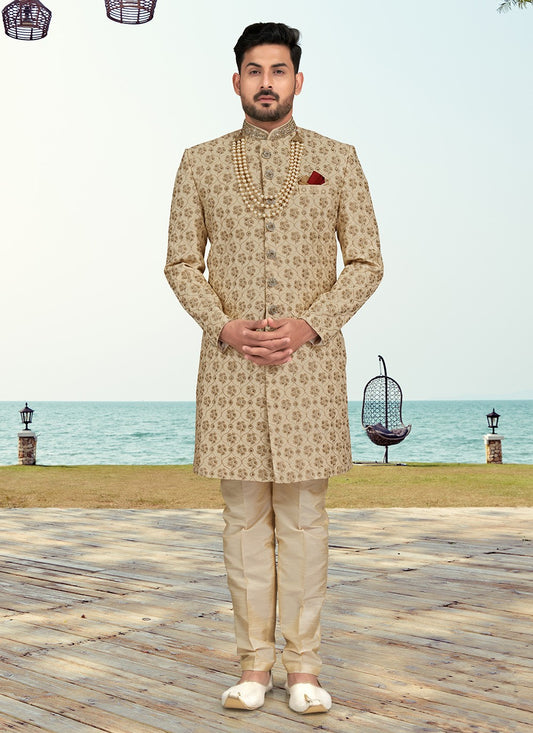 Hand Embroidery Silk Gold Indo Western Sherwani - M6601