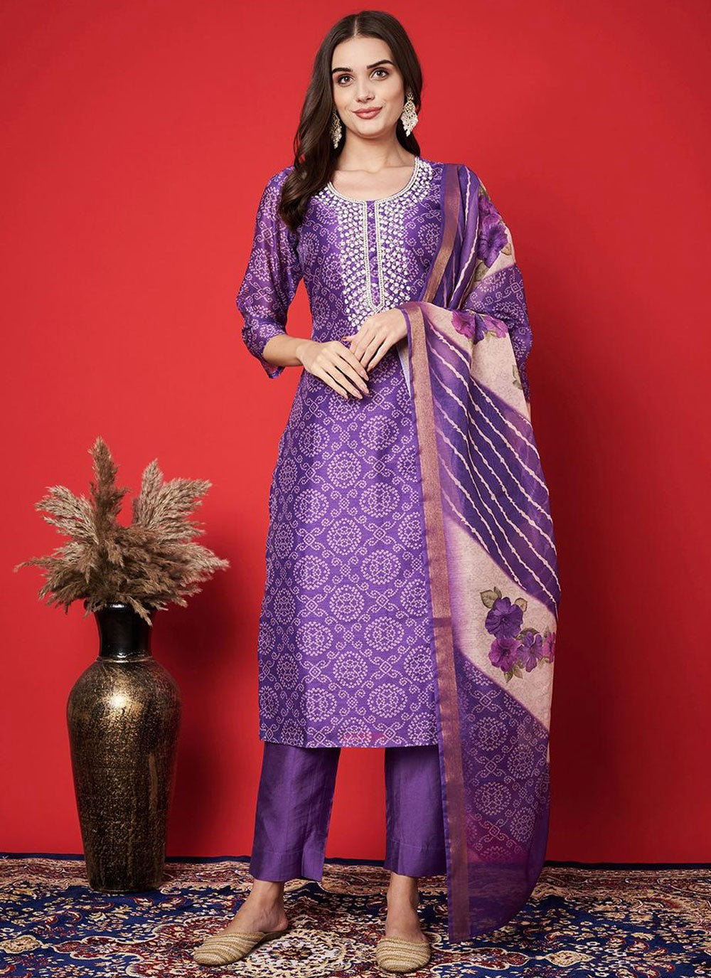 Salwar Suit Hand Embroidery Purple Silk T5093