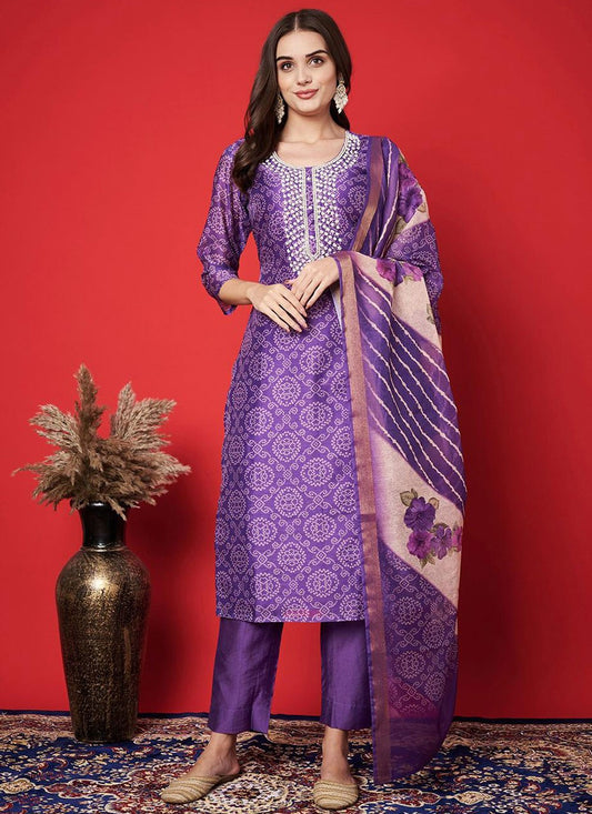 Salwar Suit Hand Embroidery Purple Silk T5093
