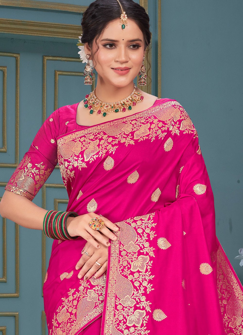Contemporary Jacquard Work Hot Pink Silk Saree S12850