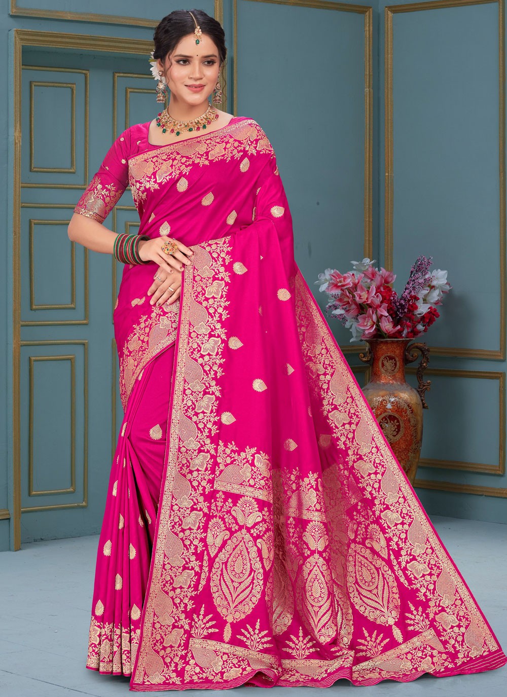 Contemporary Jacquard Work Hot Pink Silk Saree S12850