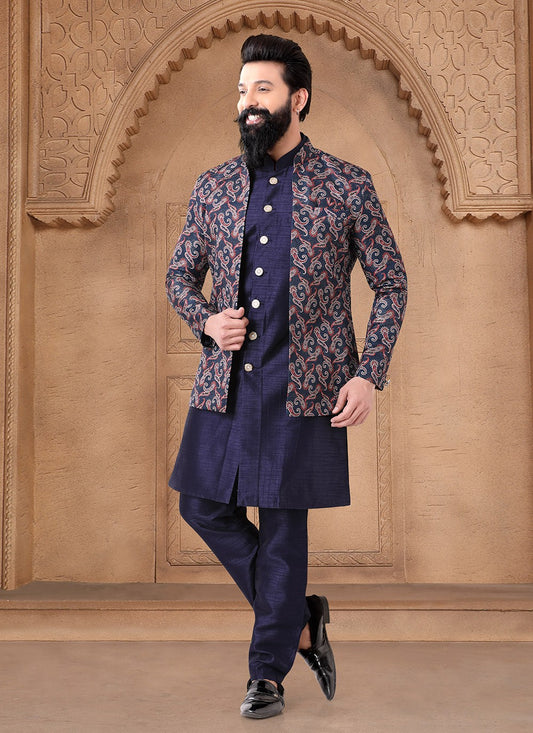Embroidered Silk Blue Indo Western - M7667
