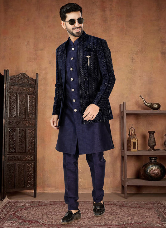Embroidered Silk, Velvet Blue, Navy Blue Indo Western - M7020