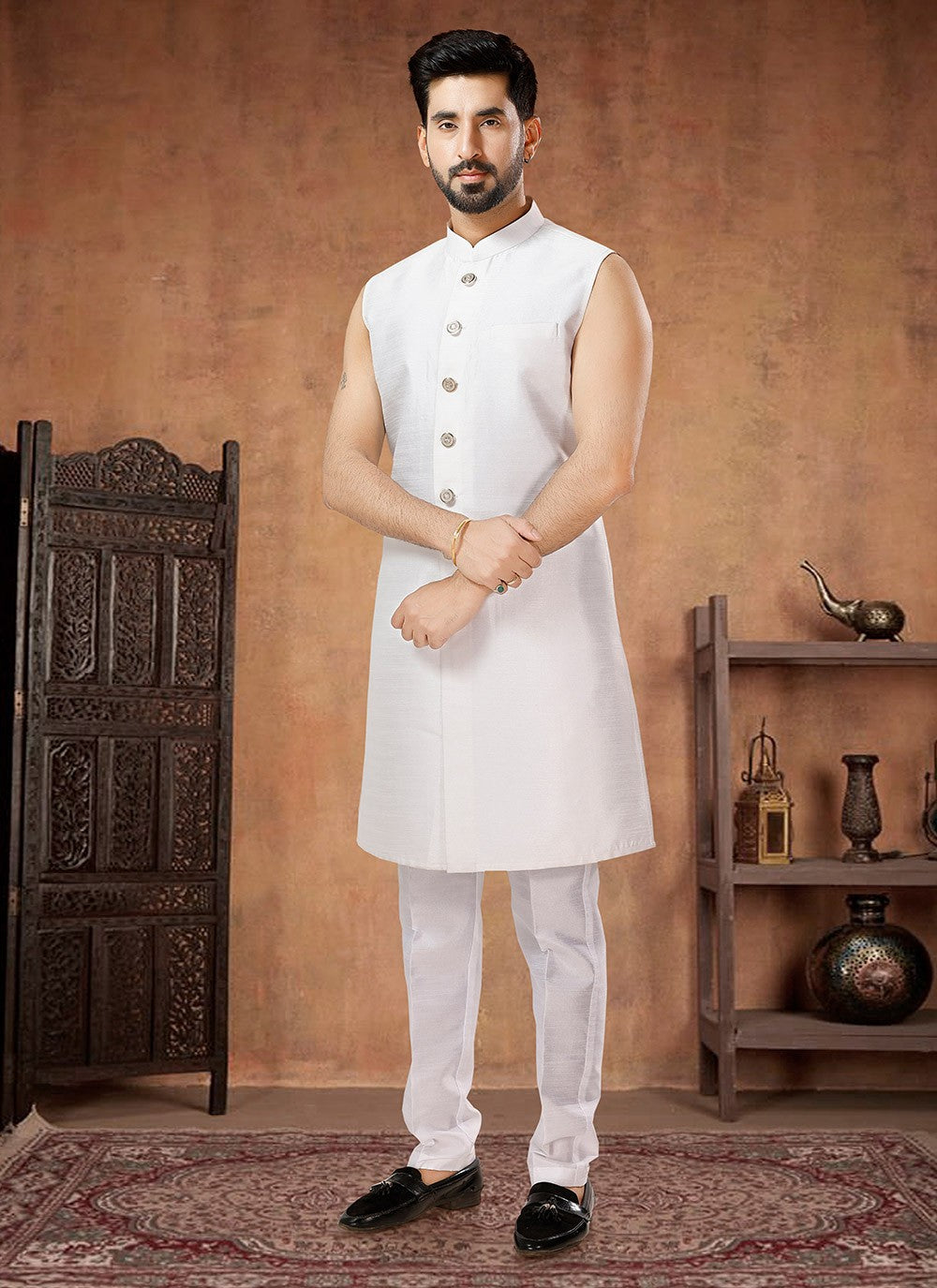 Fancy Work Silk Cream, White Indo Western - M7028