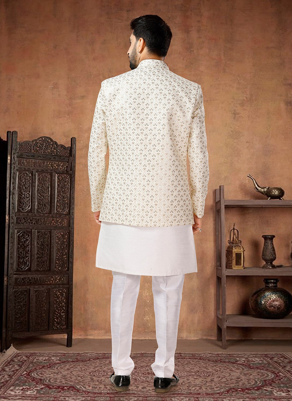 Fancy Work Silk Cream, White Indo Western - M7028