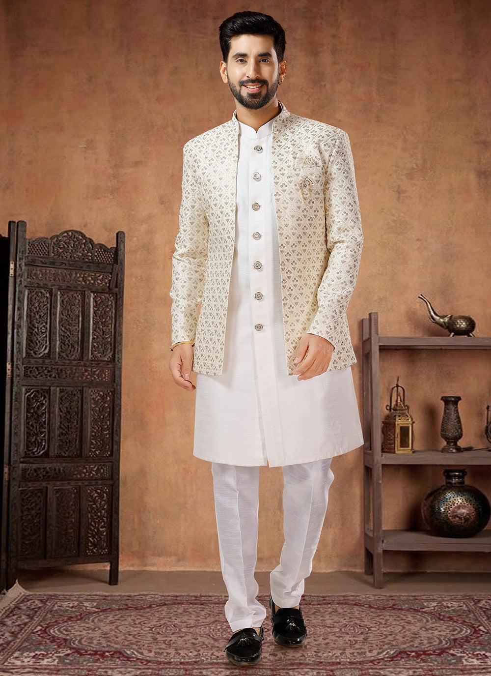 Fancy Work Silk Cream, White Indo Western - M7028