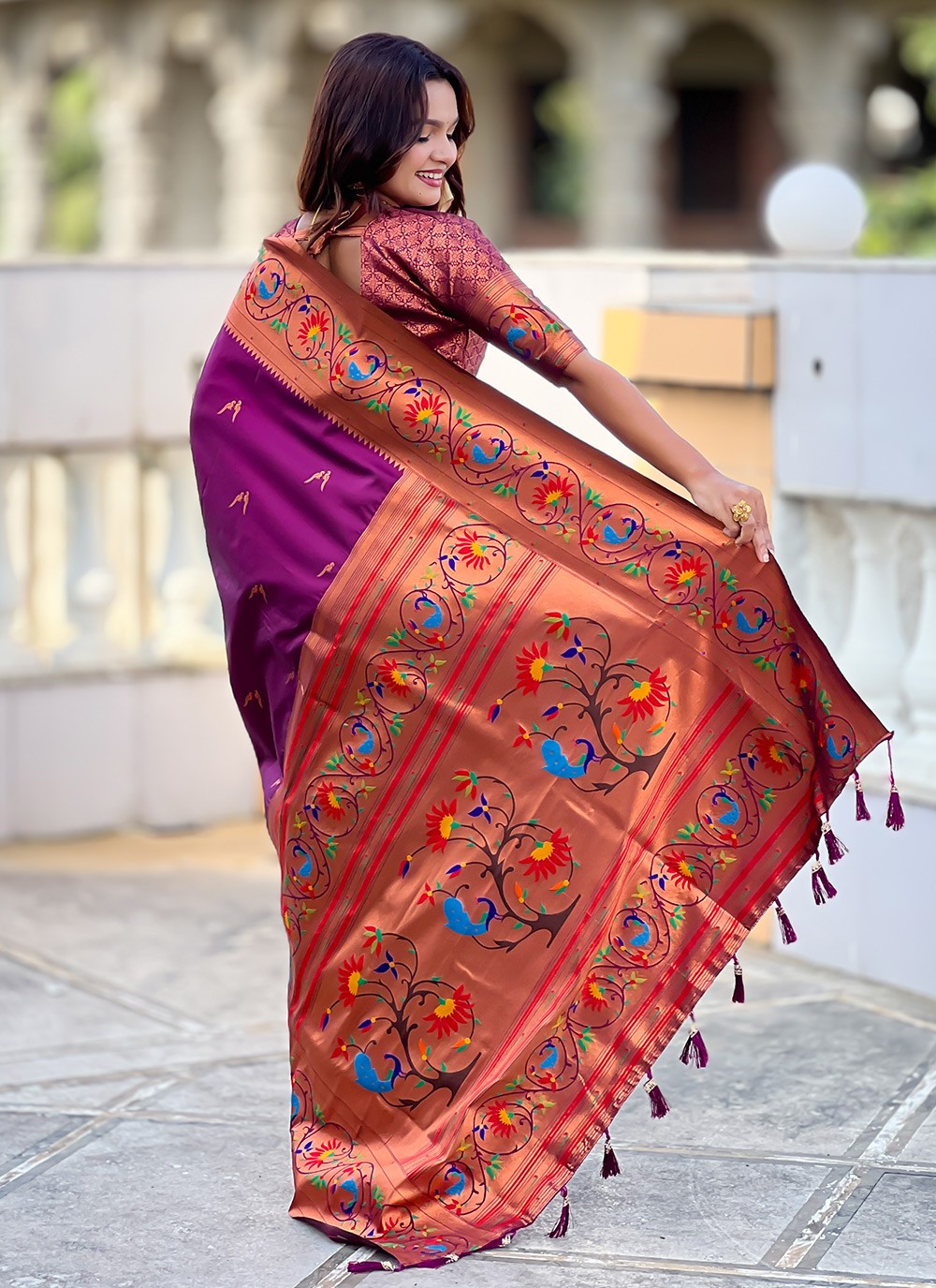 Wine Silk Classic Saree Jacquard Work, Meenakari S19947