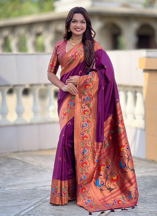 Wine Silk Classic Saree Jacquard Work, Meenakari S19947