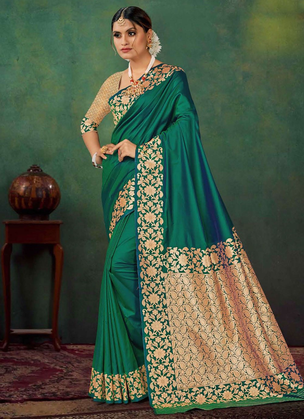 Contemporary Jacquard Work Green Silk S12892