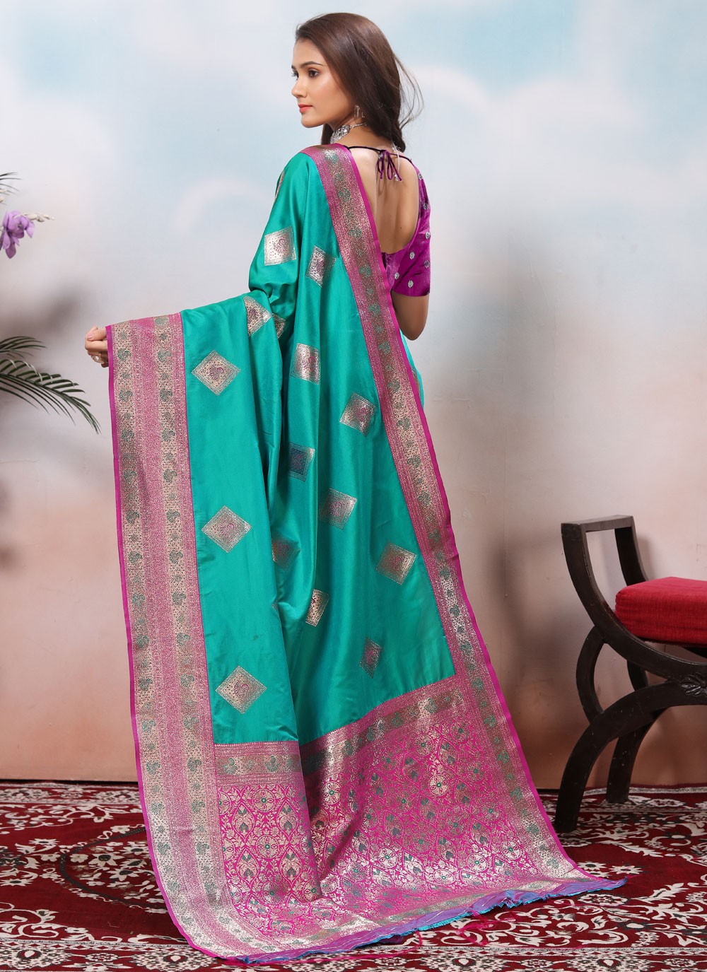 Border Work Silk Turquoise Contemporary Saree S15423