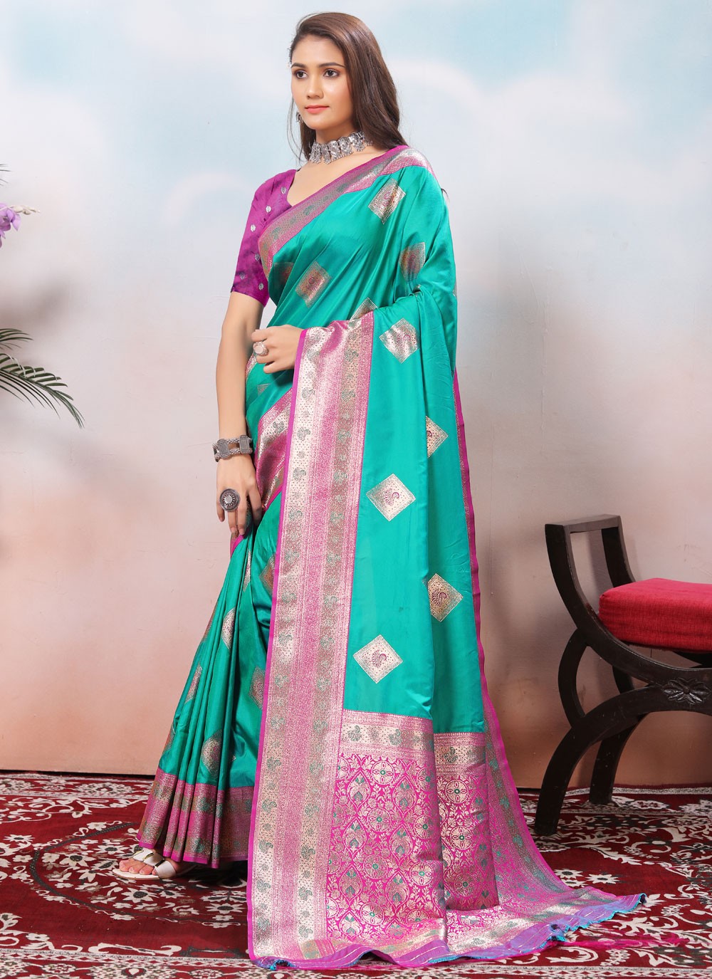 Border Work Silk Turquoise Contemporary Saree S15423