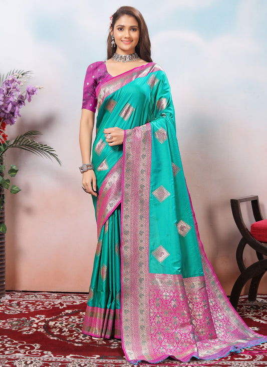Border Work Silk Turquoise Contemporary Saree S15423