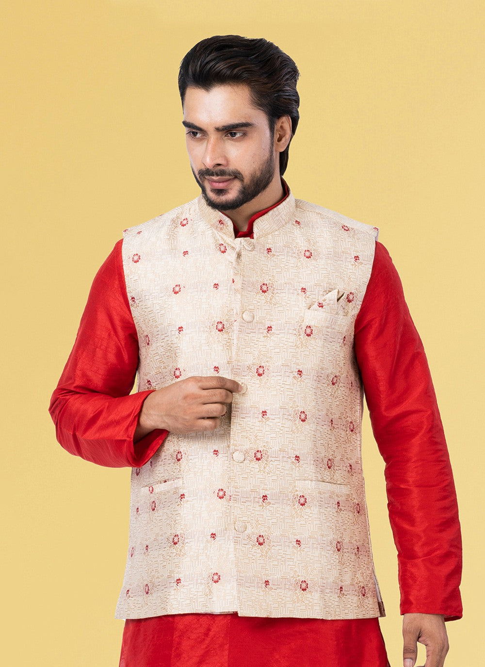 Jacquard Work Silk Cream Nehru Jackets - M7450