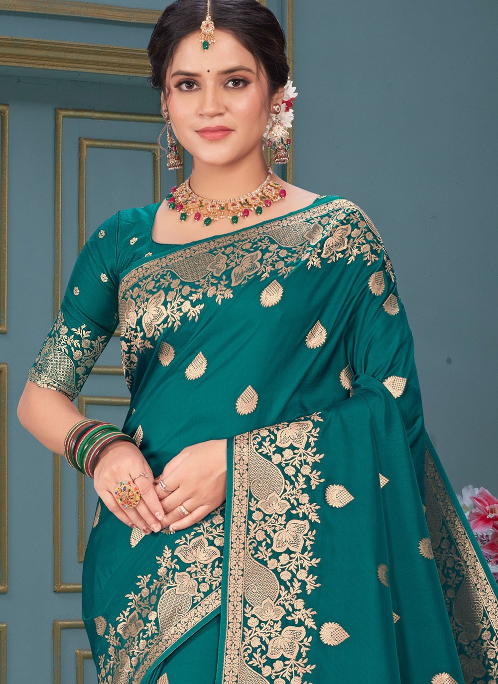 Trendy Saree Jacquard Work Green, Teal Silk S12853