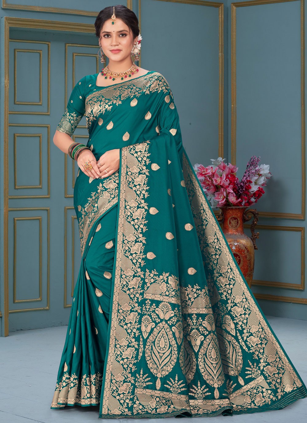 Trendy Saree Jacquard Work Green, Teal Silk S12853