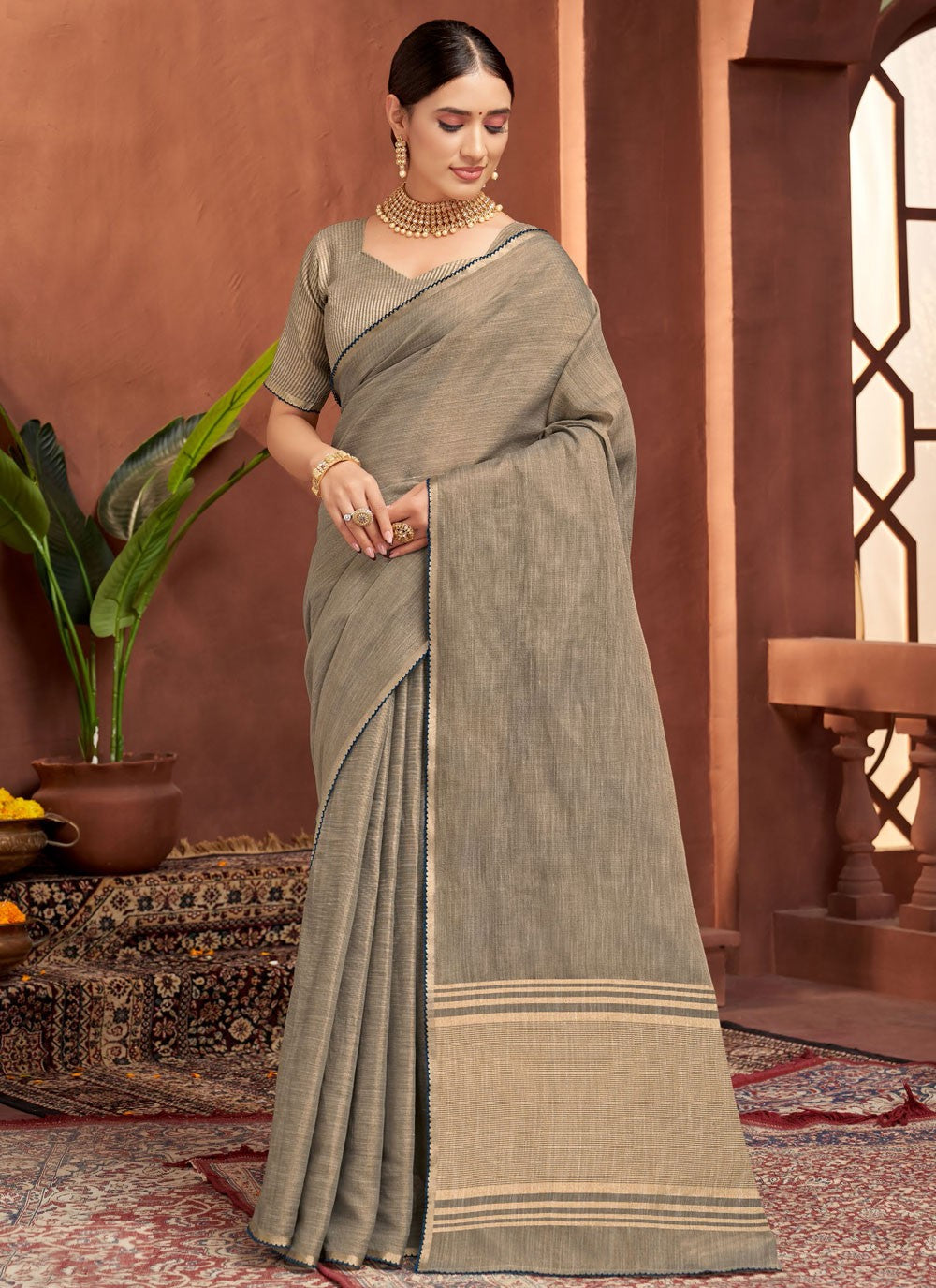 Grey Silk Classic Saree Jacquard Work S16675