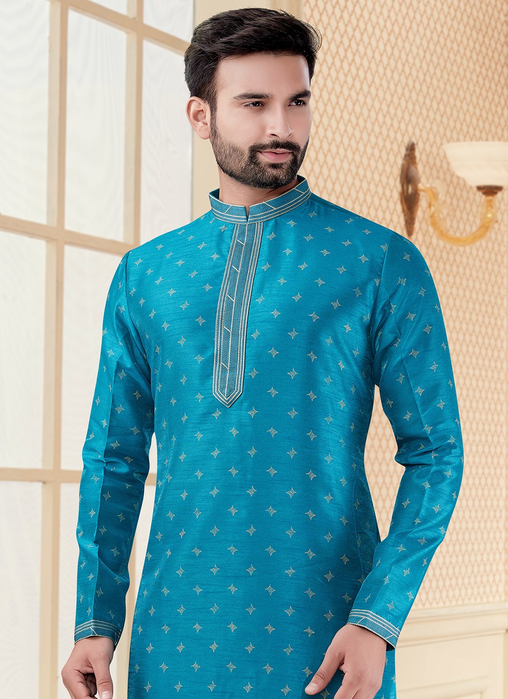Digital Print Silk Aqua Blue Kurta - M5606