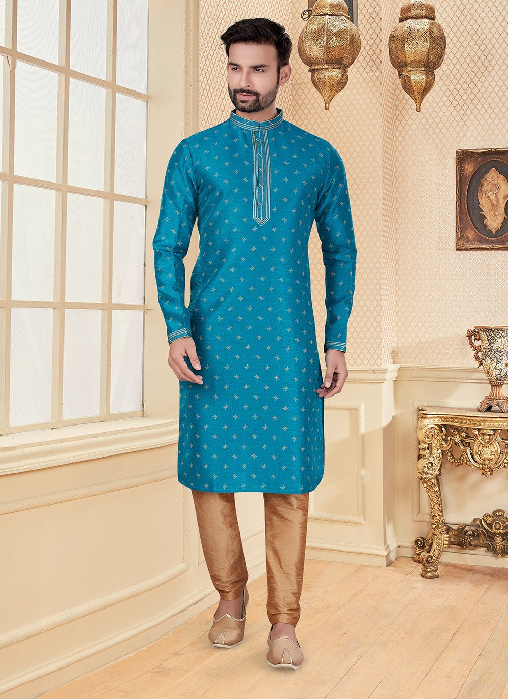 Digital Print Silk Aqua Blue Kurta - M5606